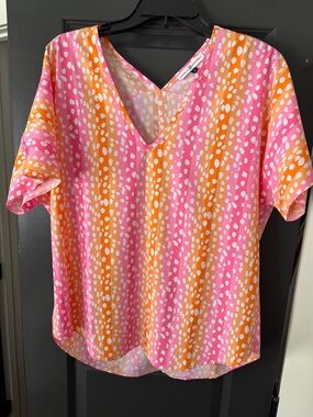 V-Neck Pink & Orange Dot Print Blouse - Lightweight Women’s Top